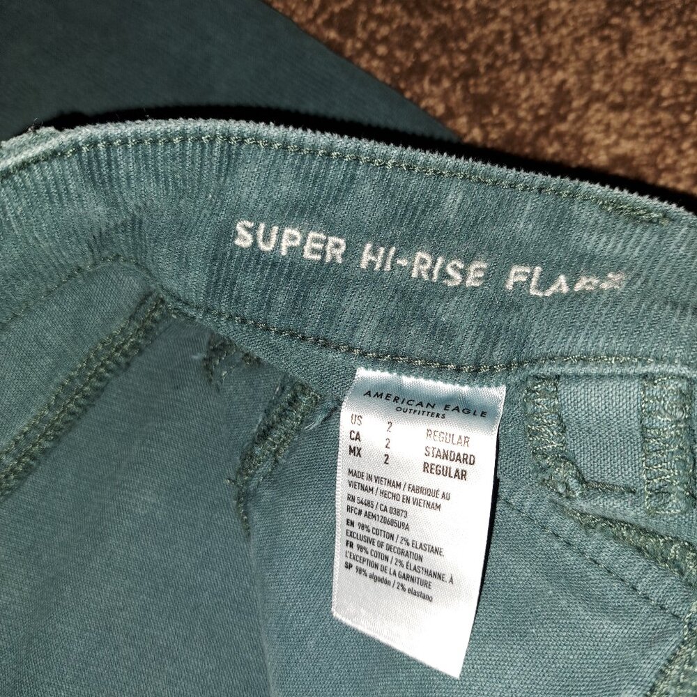 American Eagle Super Hi-Rise green corduroy pants with flare leg and button fly - Picture 6 of 11